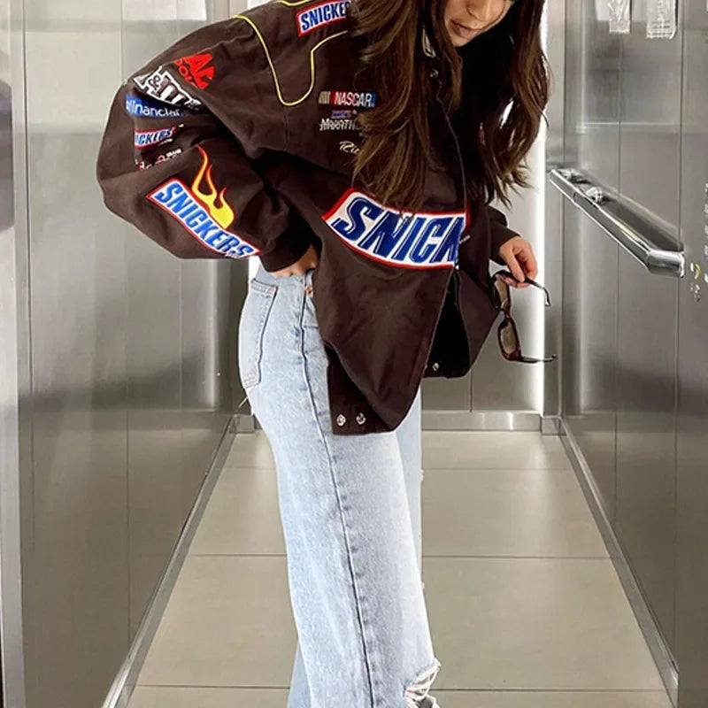 Loose Long Sleeve Motorcycle Style Jacket Autumn Winter New Arrival Casual Patchwork Color Print Women's Outerwear Coat