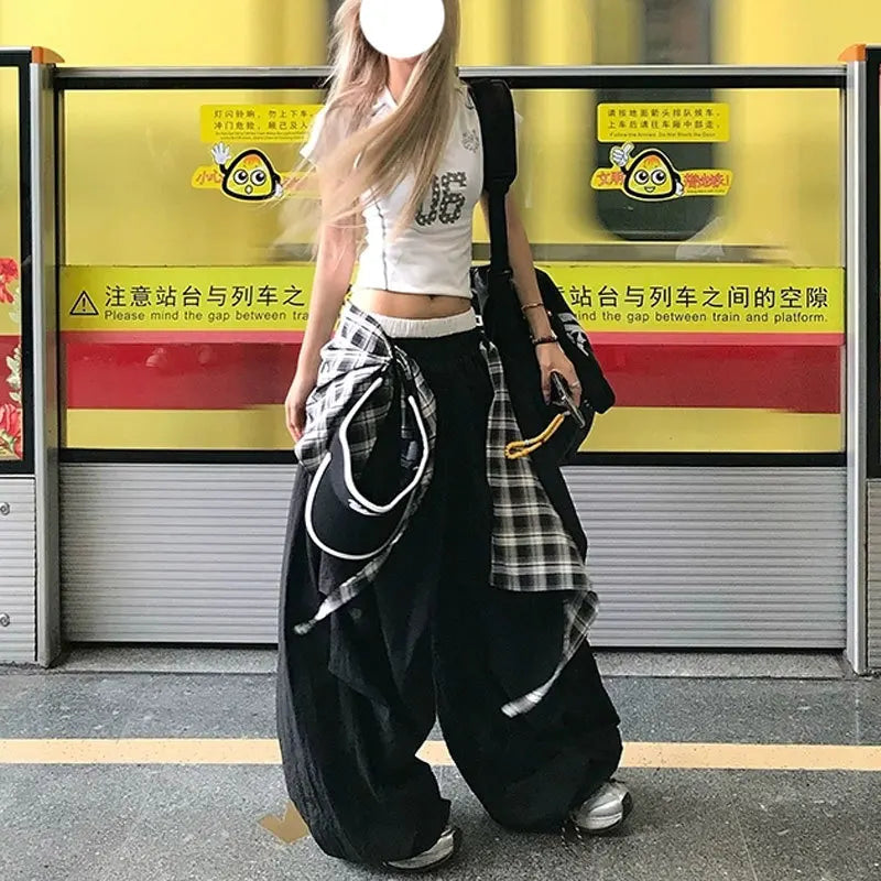 Y2K Black Cargo Pants Women Streetwear Plaid Patchwork Baggy Sweatpants Harajuku Wide Leg Joggers Summer Korean Casual Trousers