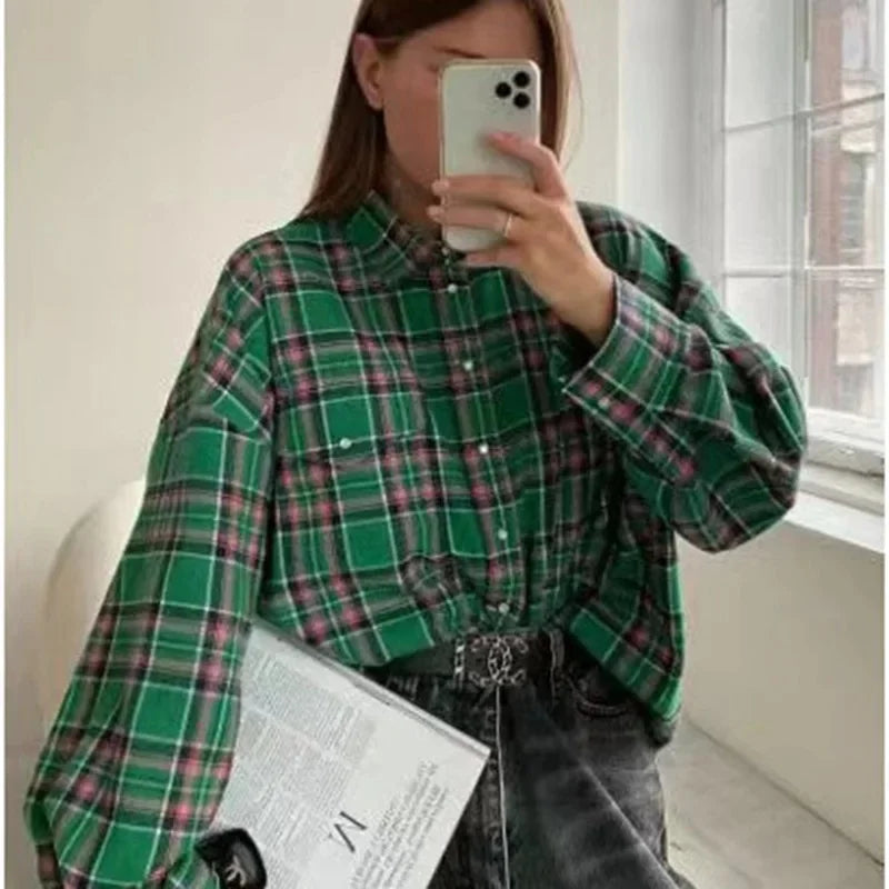 Retro Style Women's Loose Shirt Spring Autumn Plaid Fashion Versatile Casual Button up Cotton Polyester Blend Chinese Origin