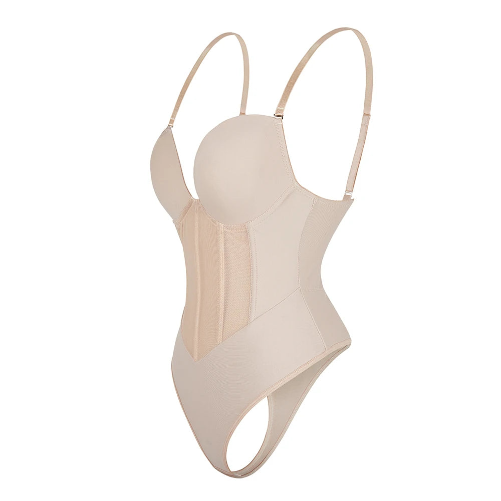 Women's Body Shaper Compression Bodysuit One Piece Backless Shapewear With Bra Corset Slimming Underwear Black Beige