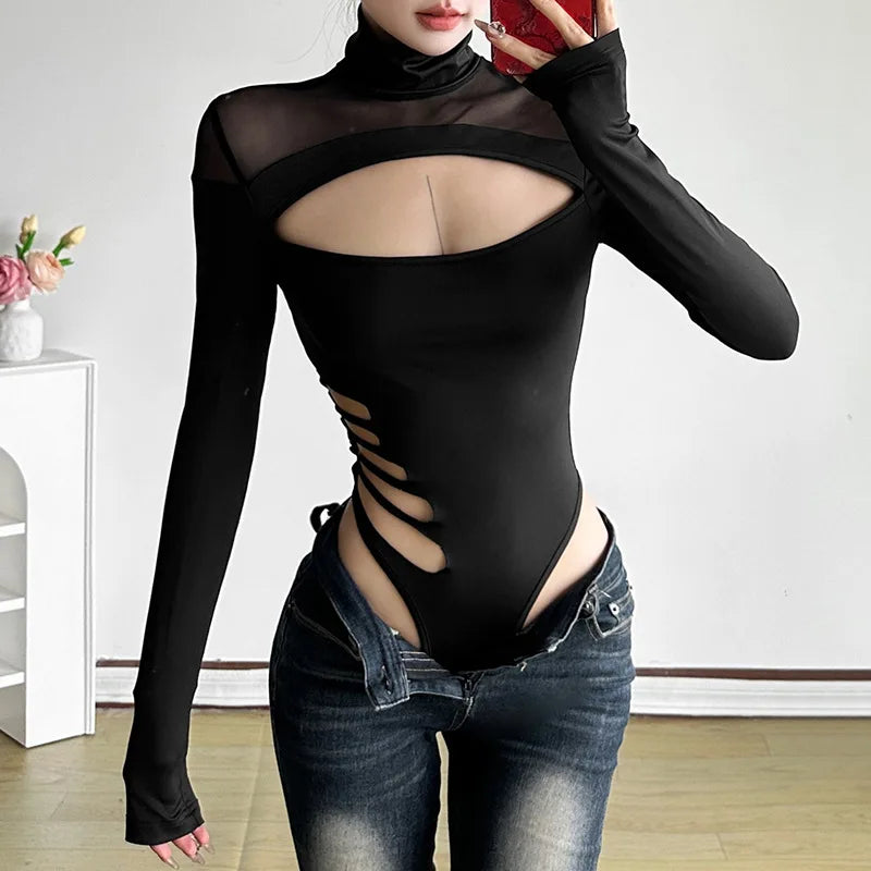 Goth Dark Hollouw Out Long Sleeve Skinny Bodysuit Women Y2K Grunge Mesh Patchwork Playsuits Mall Goth Fashion Street Bodysuits