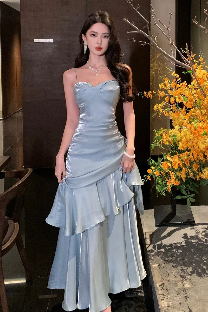 Elegant Romantic Party Women's Spaghetti Strap Dress Female Blue Ruffles Slim Fit Mermaid Dresses Chic Banquet Formal Gown
