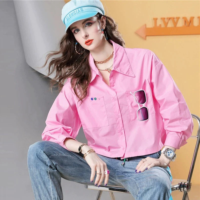 Spring and Autumn Pink Long-sleeved Printed Long-sleeved Women's Shirt Loose Polo Shirt Casual Cotton Top Women's Clothes