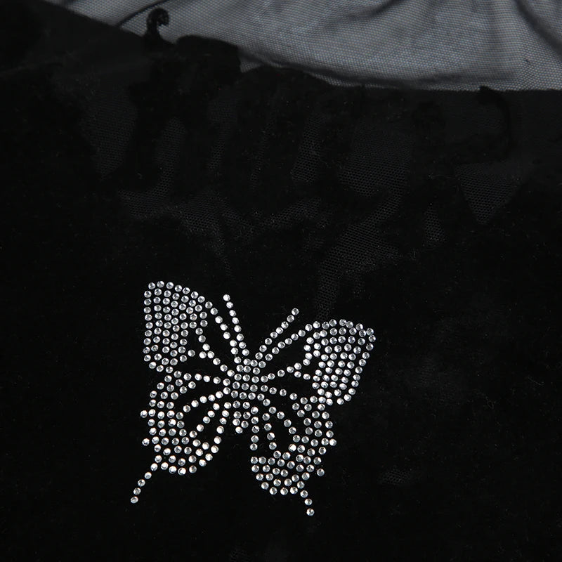 HEYounGIRL Gothic See Through Back Butterfly Print Rhinestone Bodysuit V-neck Long Sleeve Black Sexy Bodsuit Top Street Wear