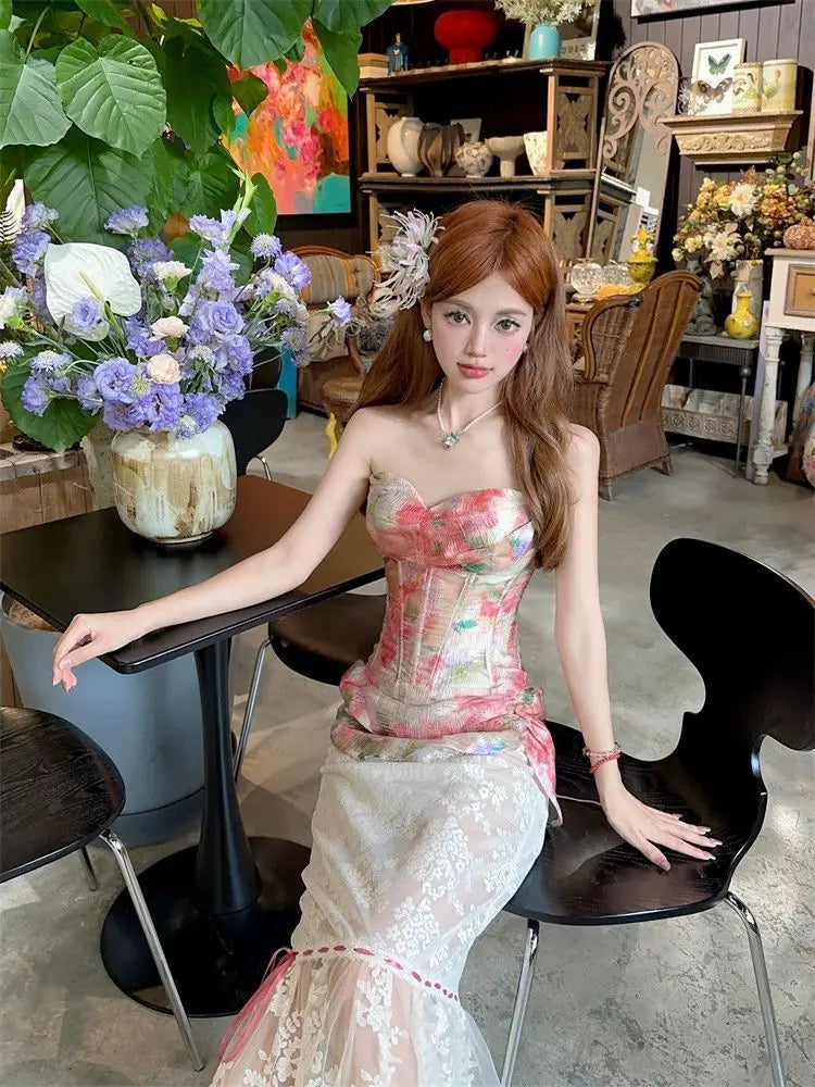 Summer Women Two Piece Set Floral Corset Top and Lace Midi Skirt Elegant Mesh Outfit Slim Fit Vintage French Style Beach Suit