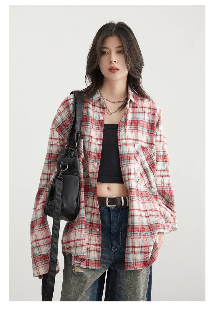 CHIC VEN Women's Cotton Shirt Single Breasted Loose New Retro Color Blocked Grid Female Blouses Autumn Spring 2024