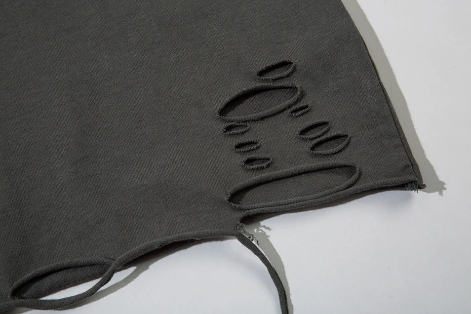 Distressed Ripped T Shirts Metal Star Tee Emrboidery Vintage Loose Tshirt 2025 Men Harajuku Streetwear Oversized Hip Hop T-shirt