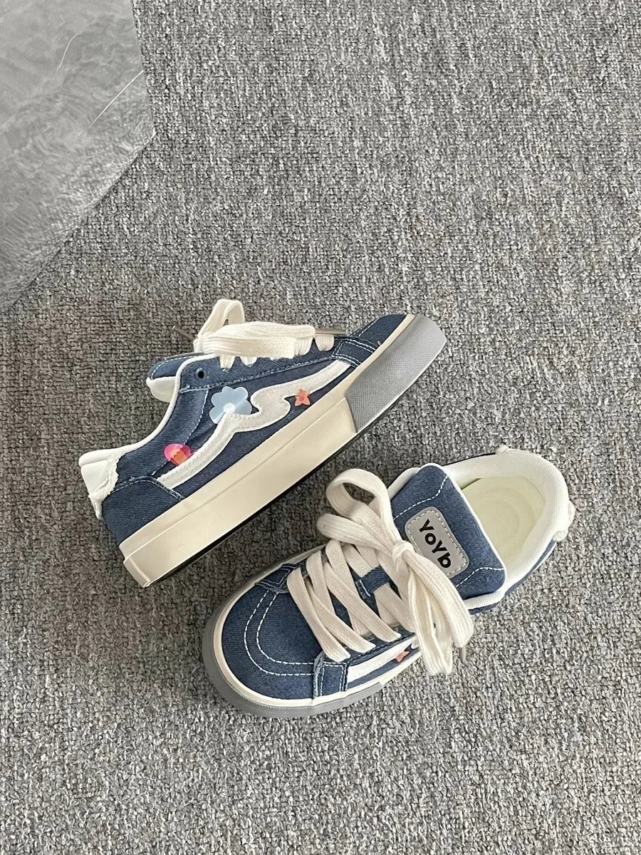 Korean Style Thick Bottom Canvas Shoes Women's Low Top Casual Student Sneakers Flat Heel Cotton Lined Adult Pure Color