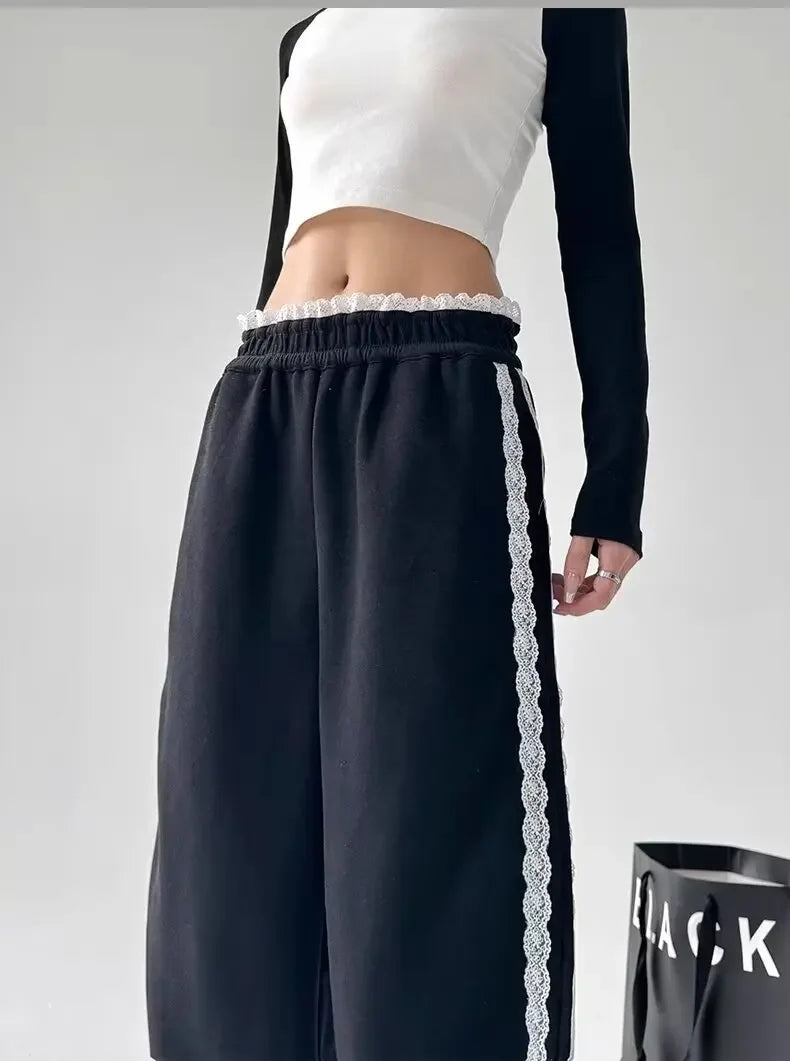 Trendy Casual Wide Leg Pants Women's Autumn Winter High Waist Splicing Lace Trim Drapey Slimming Sporty Trousers