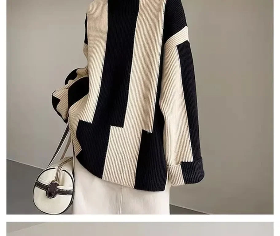 High-crowned Lazy Style Black White Stripe Wool Coat Women Autumn Winter Outdoor Warm Soft Cover Knitted Top Thick