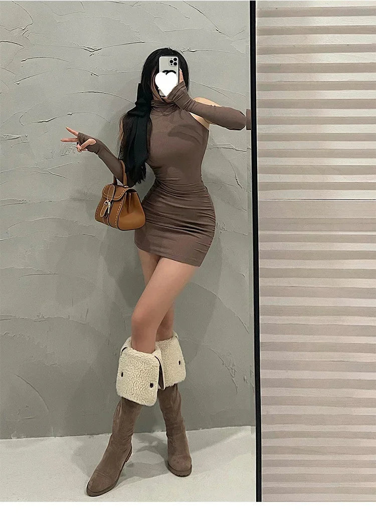 Spring Sexy High Collar Dress Spicy Sweet Tight Pure Desire Style Halter Wrap Hip Dress Women