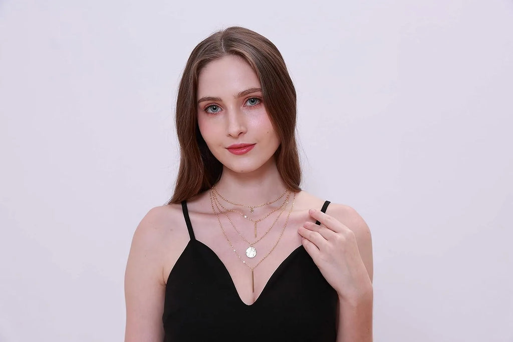 Layers Choker Necklace 14K Gold Silver Plated Y Pendant Necklace Multilayer Bar Necklace Adjustable Layer Necklace for Women