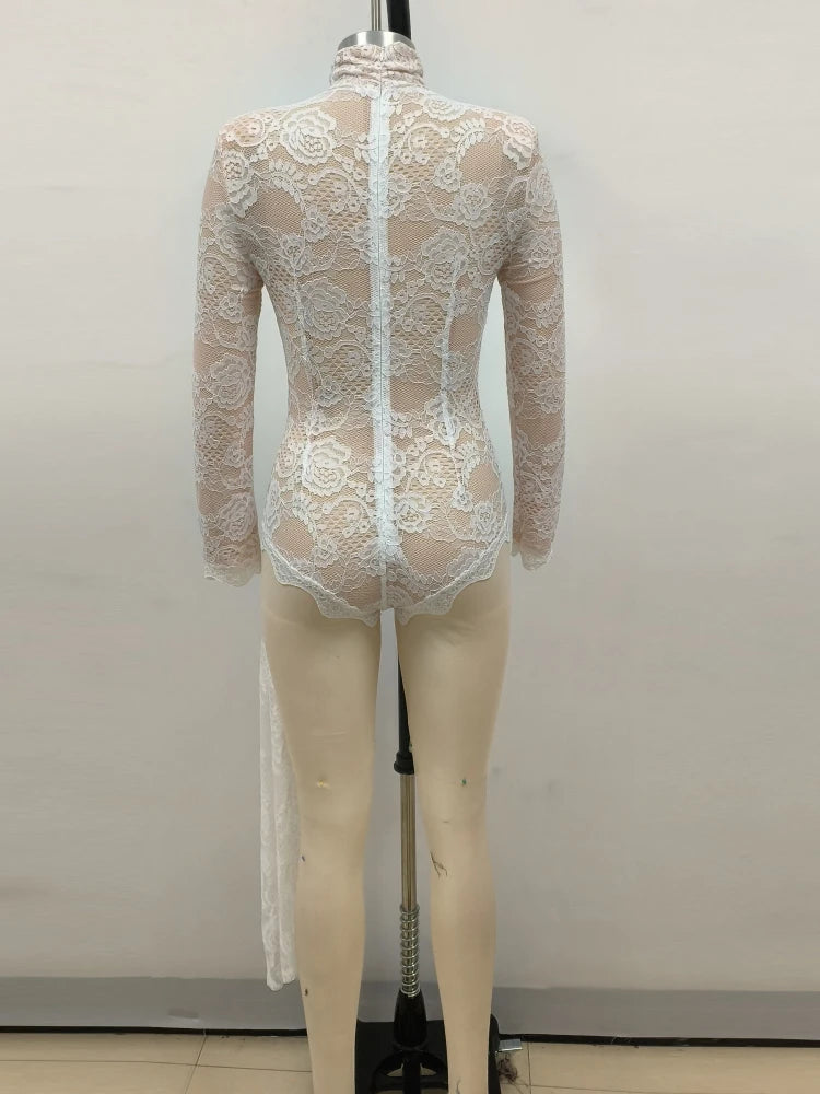 2024 New Autumn White Black Women Sexy Long Sleeve Lace Bodycon Draped Bodysuit Fashion Performance Costume Stage Wear