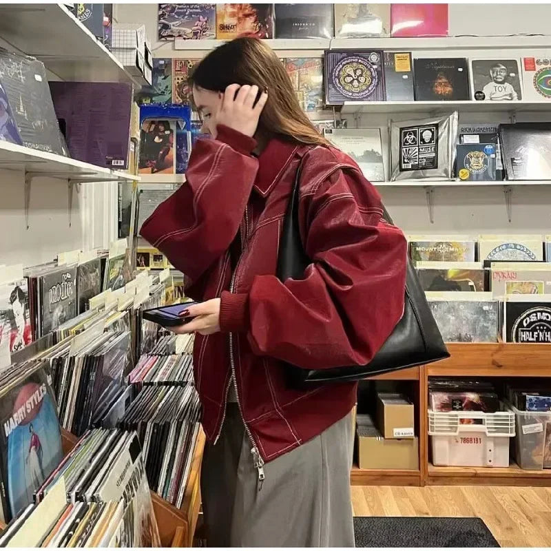 Fashion Green PU Leather Jacket Women Laple Zipper Loose Full Sleeve Single Breasted Cropped Coat 2024 New Lady Solid Streetwear