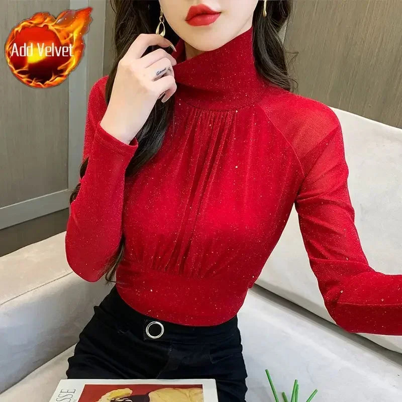 Sequin Long Sleeve T Shirt for Women Rhinestone Slim Plain Glitter Tops Woman Korean Popular Clothes With Sleeves Pulovers Kpop