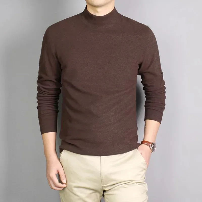 Men's Versatile Warm Flannel Double-Sided Inner Layer Top Half Polo/Turtle Neck Solid Color Long Sleeve Casual Spring Autumn