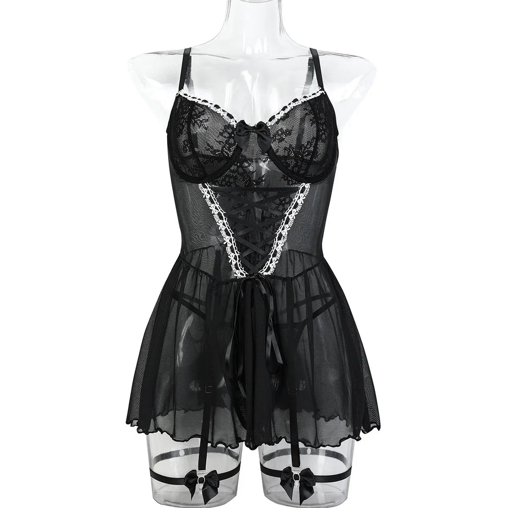 #7152 Black Pink See Through Mesh Short Dresss Women Push-up Bra Sexy Lingerie Ladies Hot Bandage Exotic Dresses Pajamas