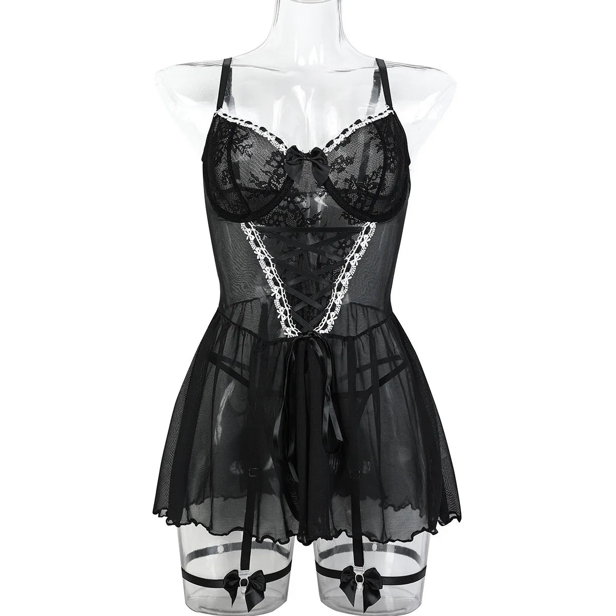 #7152 Black Pink See Through Mesh Short Dresss Women Push-up Bra Sexy Lingerie Ladies Hot Bandage Exotic Dresses Pajamas