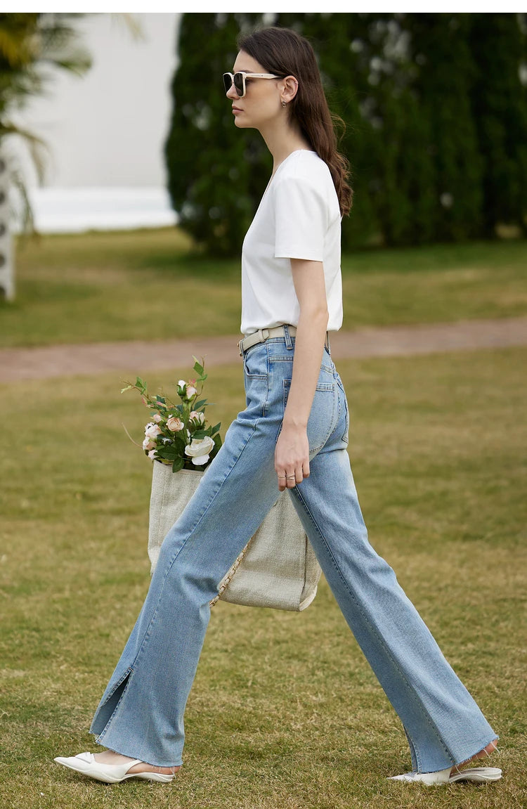 AMII Minimalism 100% Cotton Hollow Out Solid Short Sleeves Tees 2025 Spring New V Neck Top Women Casual Female T Shirt 12342289