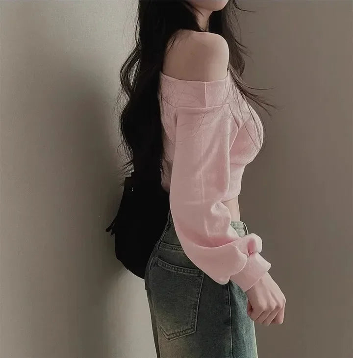 Women's Autumn Off-the-shoulder Sweatshirt Cropped Top Embroidery Loose-fit Windy Sweet Girl Hoodies Thin Material