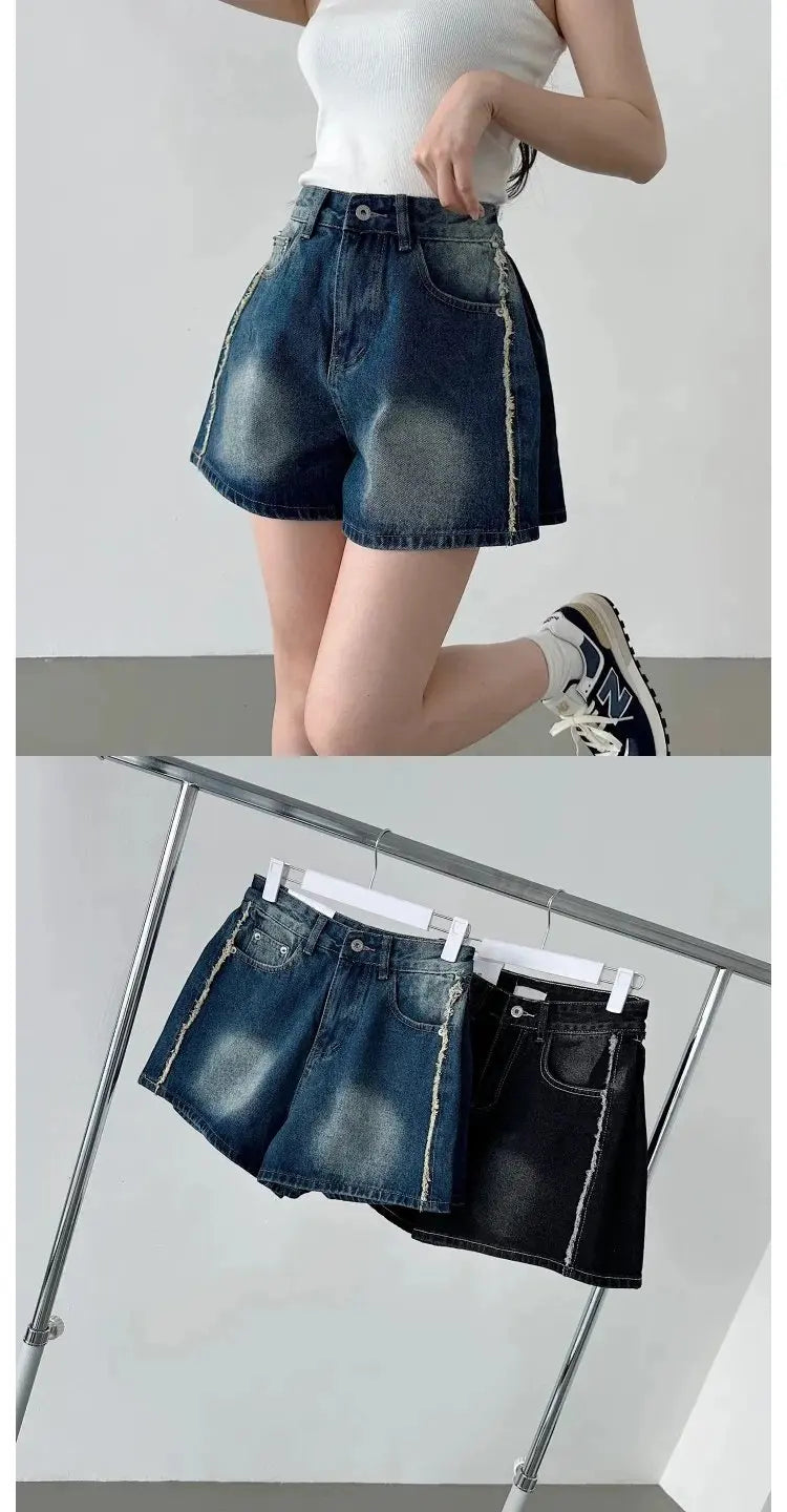 Retro Waed Distred High Waist Wide Leg Jeans orts Casual Sle A-Line Loose Fit Summer Denim orts for Women