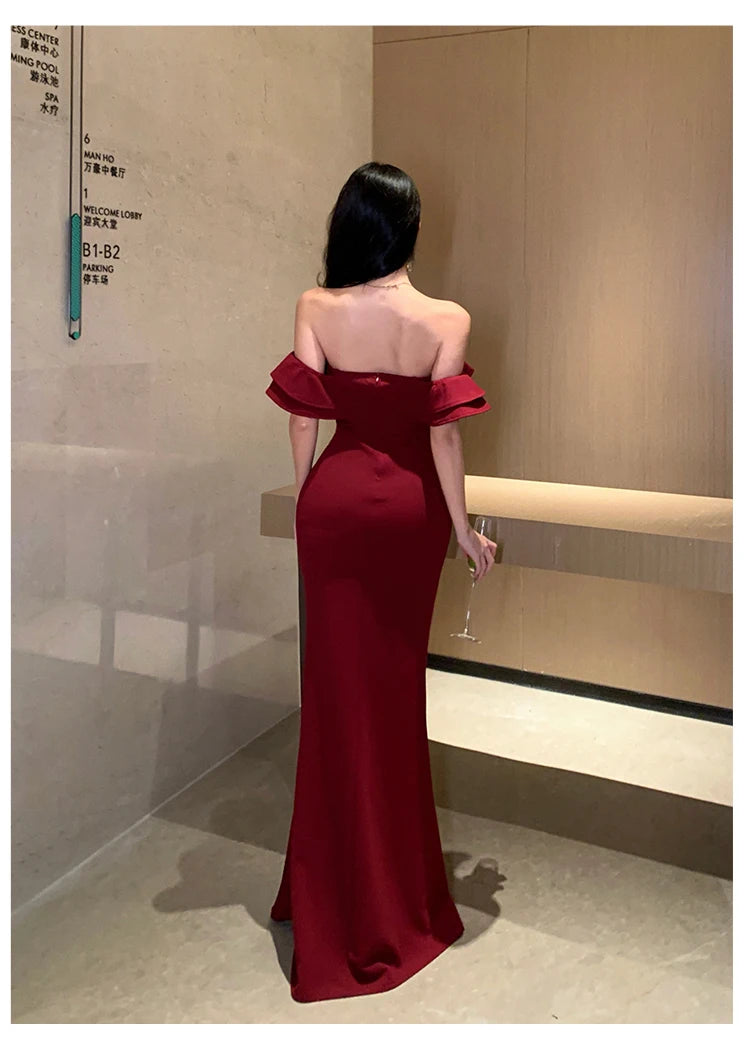 Women Sexy Bodycon Off Shoulder High Split Long Dresses Wedding Evening Party Prom Robe Ruffles Slash Neck Summer New Vestidos