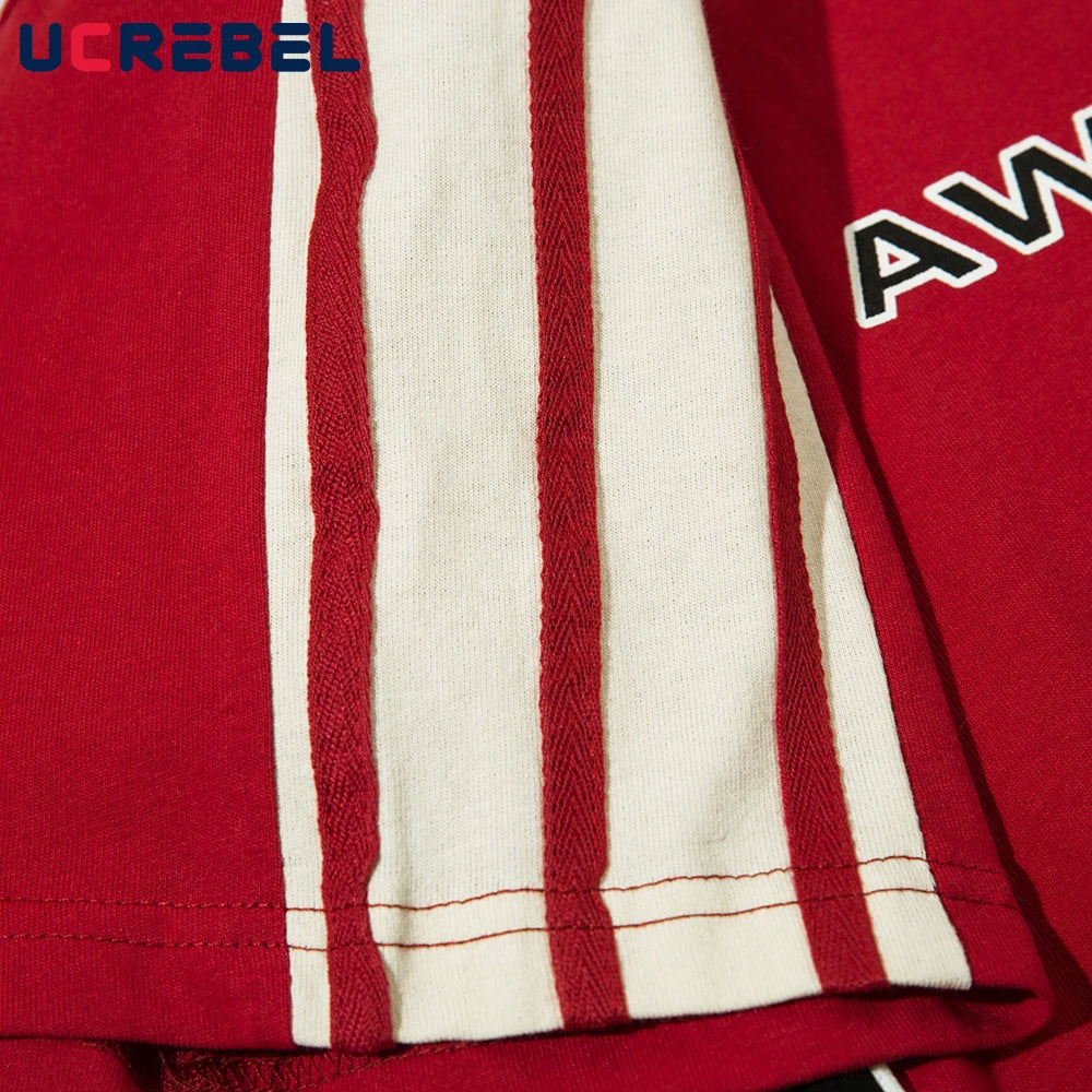 Letter Print Short Sleeve T-shirt Mens Summer Casual Crew Neck Contrast Paneled Cotton Loose Tee Men