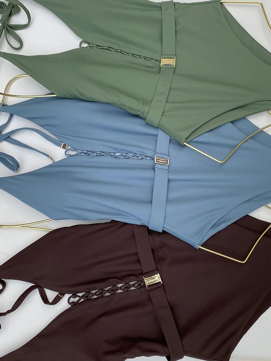 2025 Sexy Lace Up Halter Female Swimwear One Piece Swimsuit Women Backless Monokini with Waist Belt Bathing Suit Swim Bodysuit