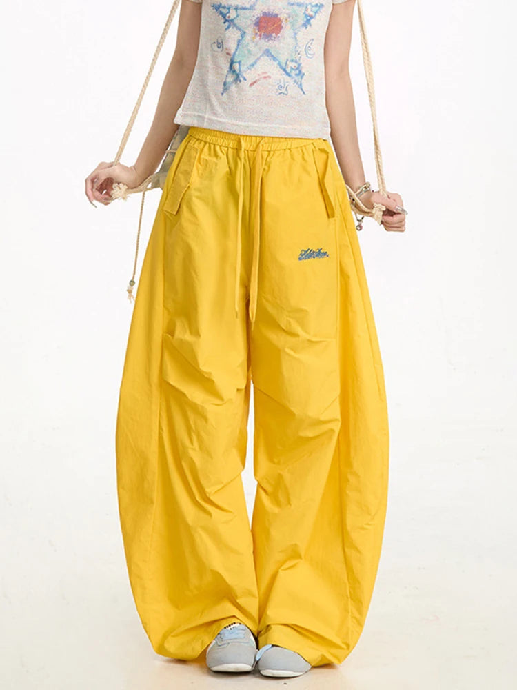 Zoki Streetwear Yellow Cargo Pants Women Vintage Letter High Waist Y2K Wide Leg Trousers High Quality Loose Paratrooper Pants