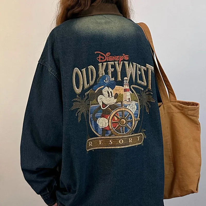 Disney Mickey Mouse American Vintage Print Denim Shirt Fashion Long Sleeve Women's Thin Jacket Spring New Trend Versatile Jacket