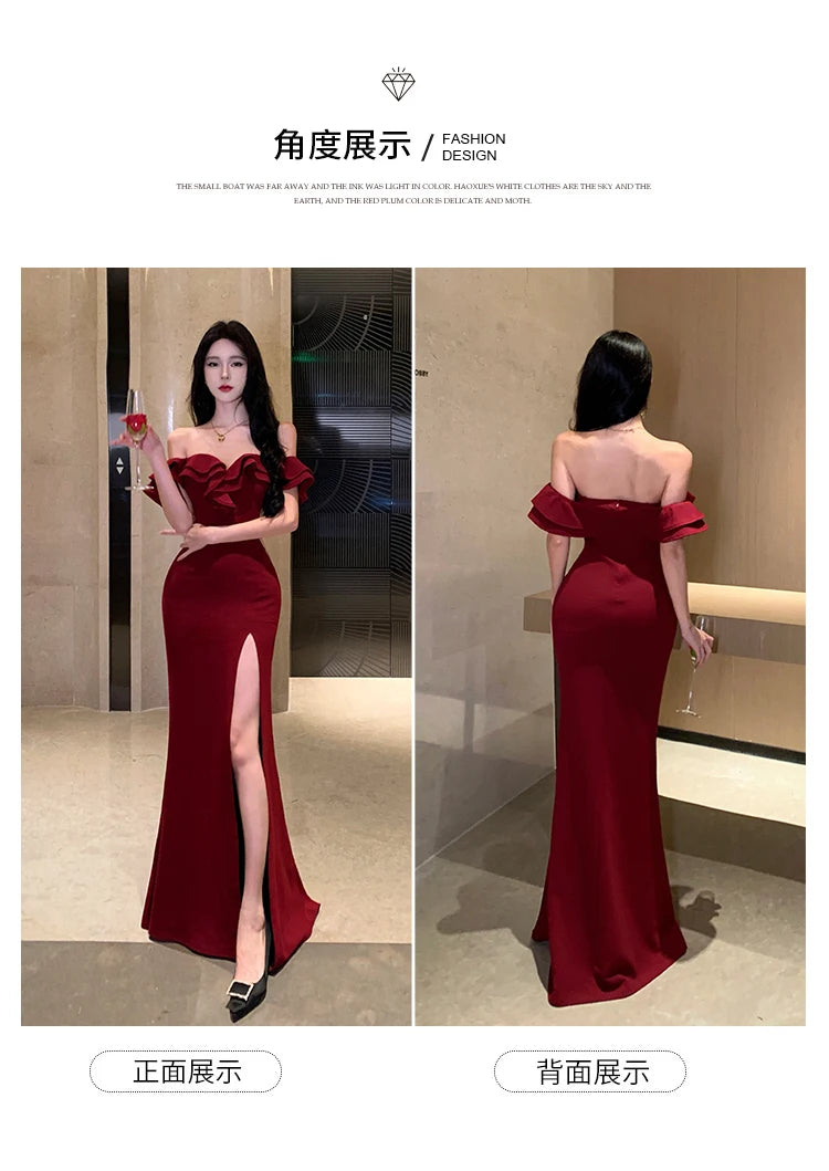 Women Sexy Bodycon Off Shoulder High Split Long Dresses Wedding Evening Party Prom Robe Ruffles Slash Neck Summer New Vestidos