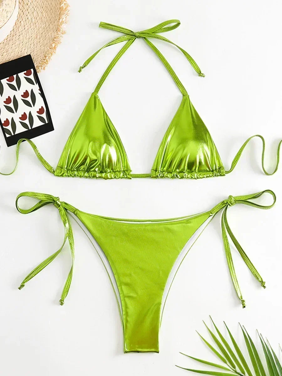 Sexy Shiny Pu Faux Leather Bikini 2025 Women Swimwear Female Swimsuit Two-pieces Bikini set String Bather Bathing Suit Swim Lady