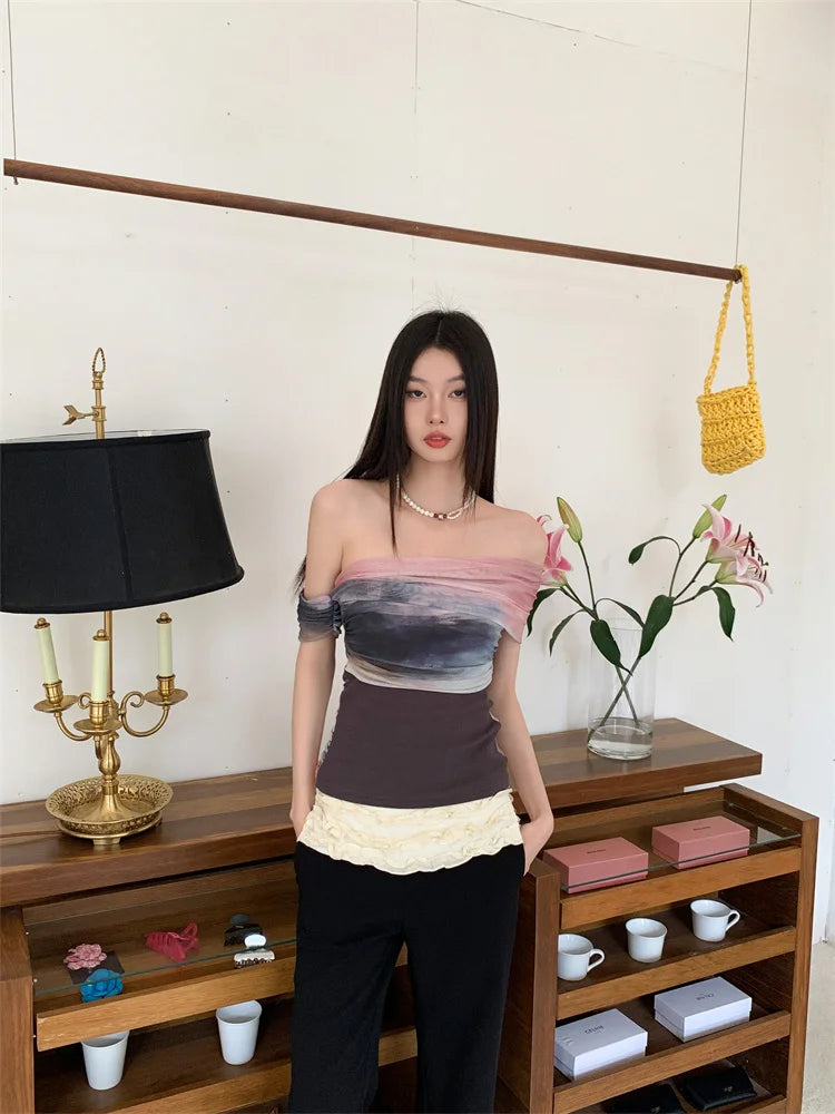 CHEERART Tie Dye Off The Shoulder Mesh Top For Women One Shoulder Designer Crop Top Fashion T Shirt Summer 2025 Clothing