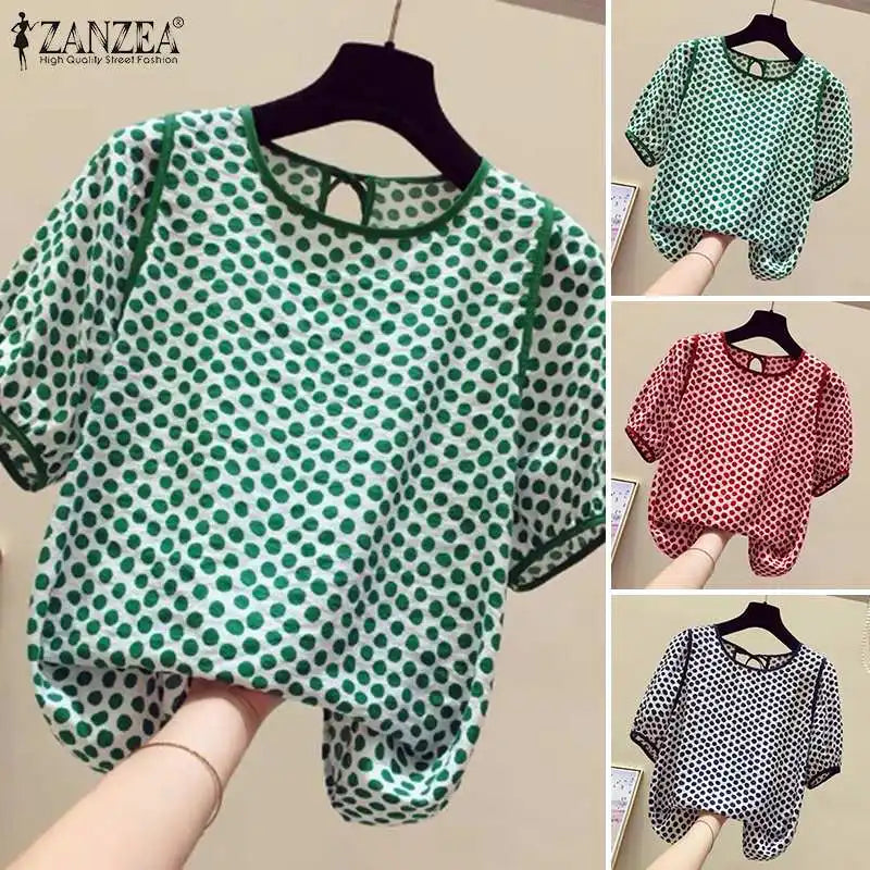 ZANZEA Casual Loose Women Blusas Mujer 2024 Summer Stylish Tied Back O Neck Puff Sleeve Tunic Tops Polka Dot Elegant Blouses