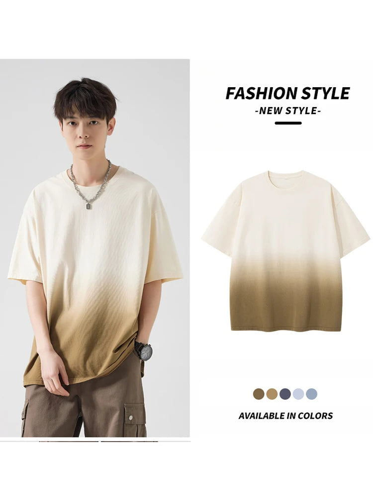 Men's Gradient Dyeing T-shirts 230Gsm Cotton Korean Vintage Street Style Oversized Tees Short Sleeve Loose Fit Basic Tops