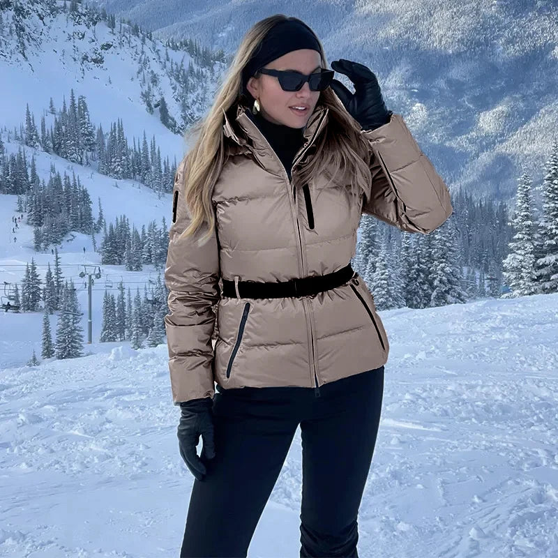 Fashion Hooded Padded Coats With Belt Women Slim Stand Collar Full Sleeve Pocket Coat Winter Lady Thicken Warm Skiing Jacket