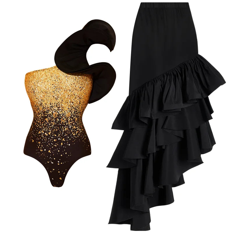 2024 New Off Shoulder Bow Tie One Piece Swimsuit Set Summer Swimwear Women Beachwear Luxury Bathing Suit