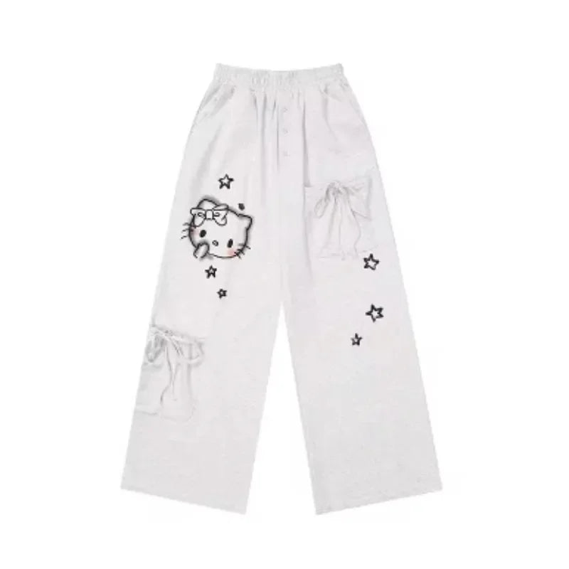 Big Pockets Hello Kitty Y2k Baggy Pants Kawaii sanrio Graffiti Wide Leg Trousers Oversize Sports Streetwear Sweatpants For Women