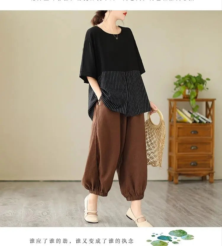 Summer New Plus Size Women's Fashion Striped Patchwork Tops Tees Youth Short Sleeve Loose Vintage T Shirts Casual Trend Clothing