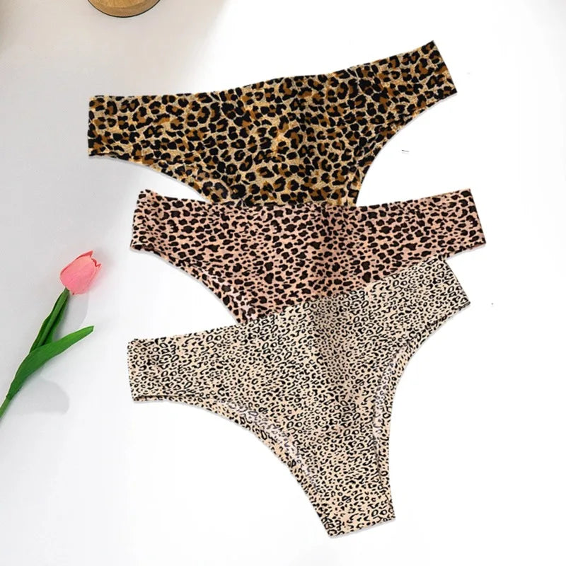 WarmSteps 3Pcs/Set Sexy Leopard Thongs Women's Panties Thongs 2024 New Female Underwear Seamless Printed Panties Ice Silk Briefs