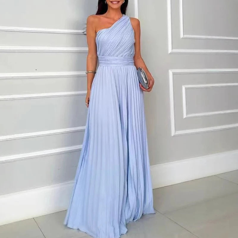 Lady High Waist Off Shoulder Dresses Temperament Diagonal Collar Sleeveless Party Dress Leisure Ruched Solid Slim Evening Dress