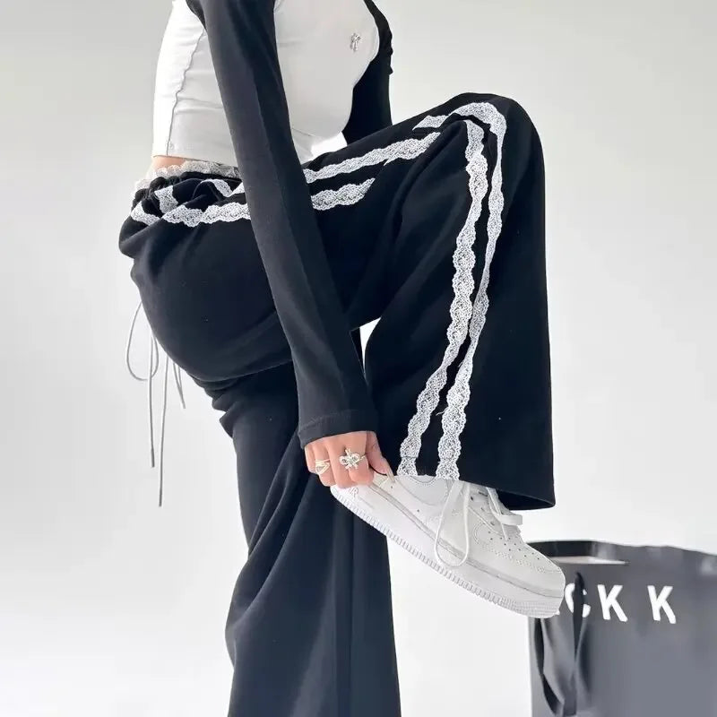 Trendy Casual Wide Leg Pants Women's Autumn Winter High Waist Splicing Lace Trim Drapey Slimming Sporty Trousers