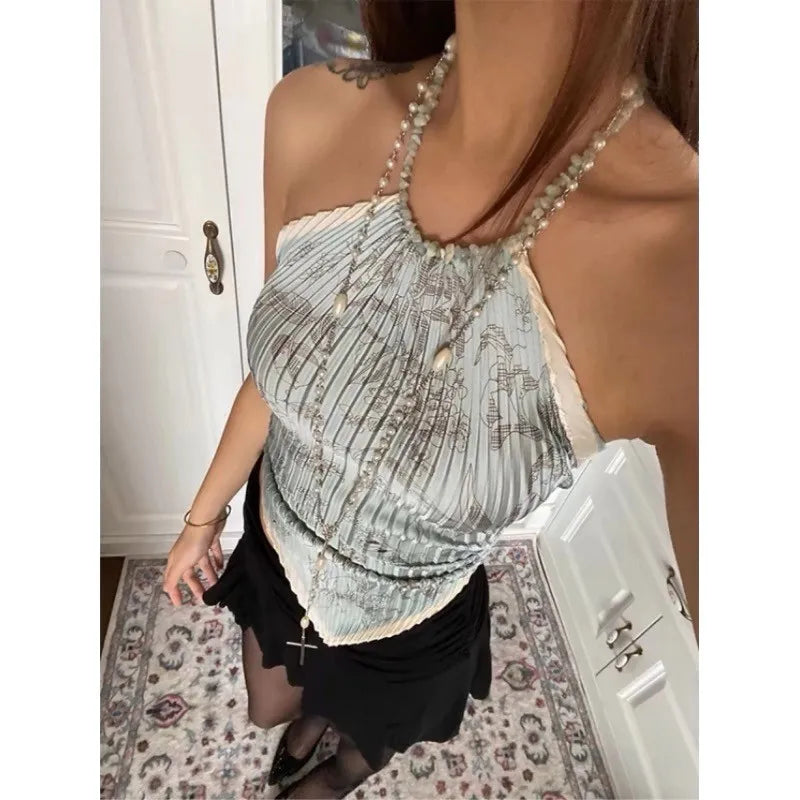 Tonngirls Vintage Tie Dye Tank Tops Women Sleeveless Lace Up Y2k Retro Camis Tops Backless Summer Korean Style Tank Tops 2000s