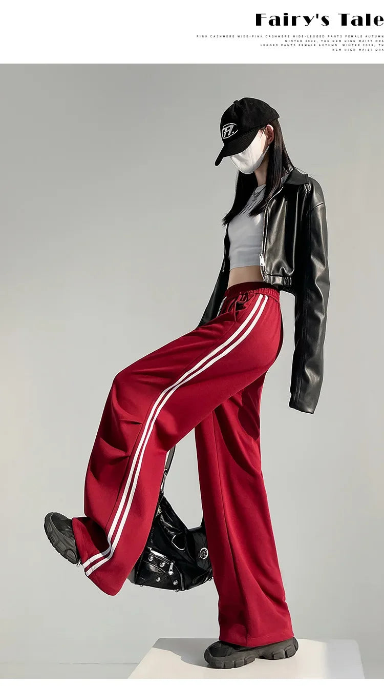 New 2025 American Stripe Sports Pants Women's Spring Autumn Wide Leg Loose Jazz Dance Casual Parachute Long Trousers
