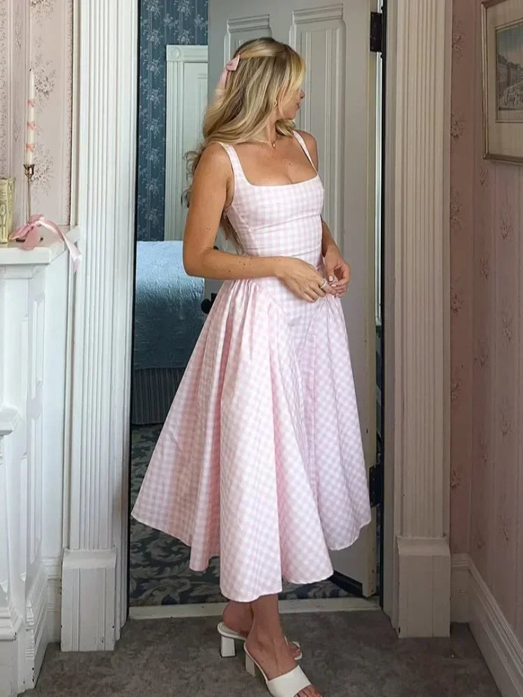 Women Fashion Plaids Pleated High Waist A-line Dress Elegant Sleeveless Backless Slim Long Dresses Summer New Party Streetwear