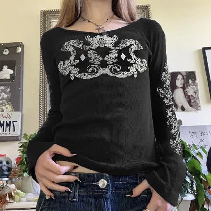 Y2K Grunge Cyber Mall Goth Thermal T-shirt Skulls Graphic Print Long Sleeve Pullovers Tops Women 90s Vintage Aesthetic Tees