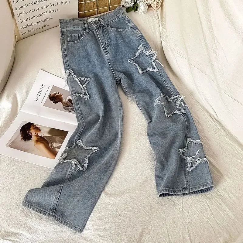 Street Style Embroidered High Waist Straight Leg Jeans Women's Autumn New Design Niche Loose Fit Long Trousers Fashionable