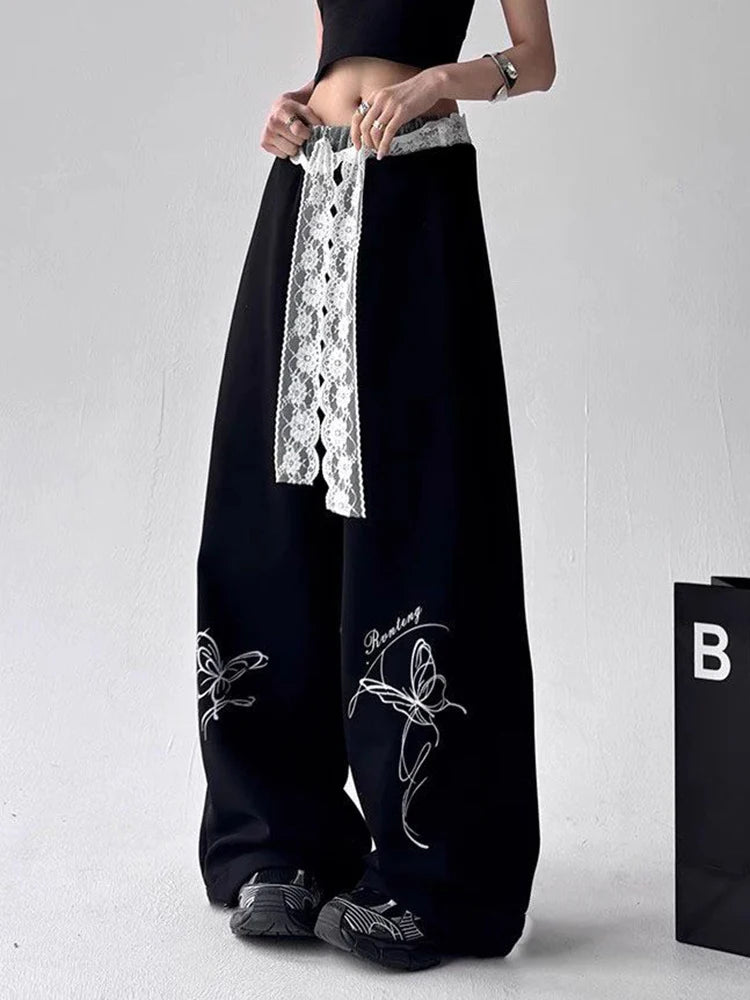Zoki Vintage Bufferfly Y2K Sweatpants Women Loose High Waist Lace Patchwork Pants Streetwear Retro Casual Bf Harajuku Trousers