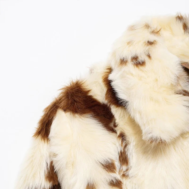 Faux Fur Contrast Women Coat 2025 Lapel Zipper Long Sleeve Female Coats Vintage Autumn Winter Pocket Thicken Warm Lady Outwear