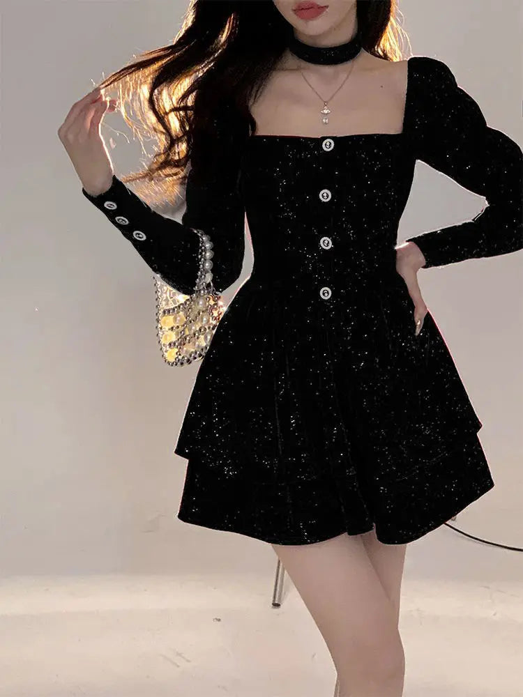 Women's Slim Fit A-line Velvet Dress, Christmas Clothes, Square Collar, Long-sleeved, Red, Sweet, Hot Girl, Autumn Winter